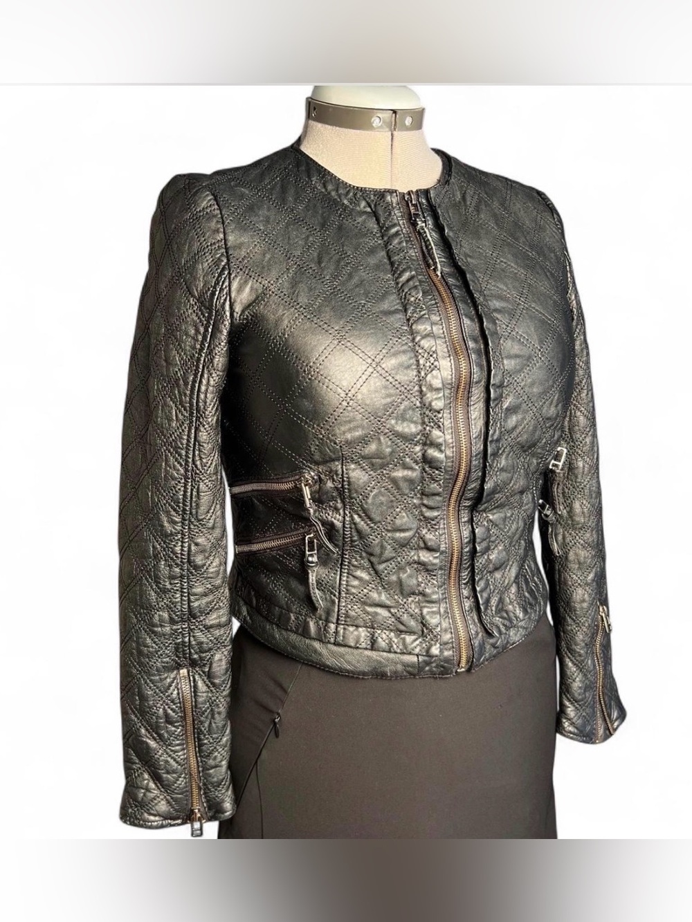 ZARA Basic 100% Lambskin Quilted Leather Moto Jacket L Fits S/M